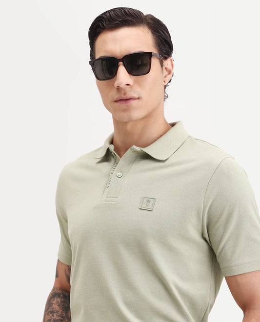 Rare Rabbit Men's Gamor Pastel Green Cotton Blend Fabric Half Sleeve Spread Collar Regular Fit Plain Polo