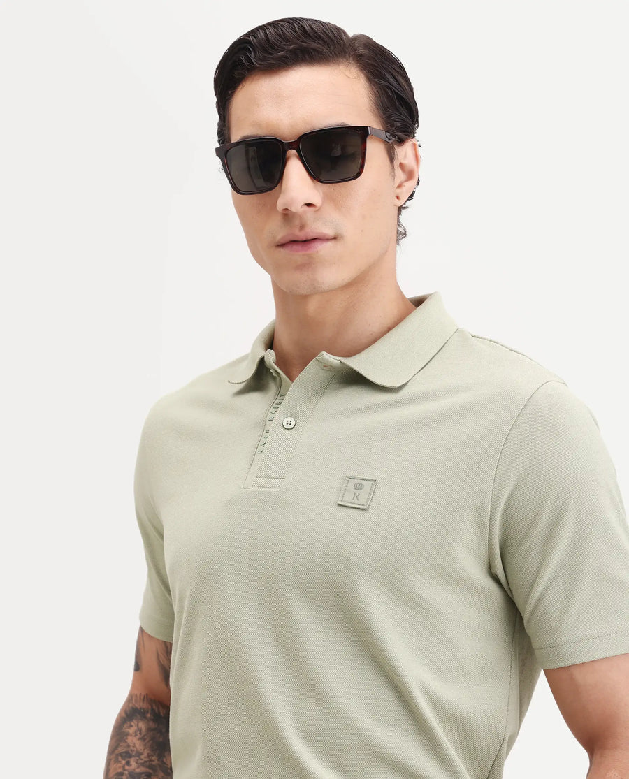 Rare Rabbit Men's Gamor Pastel Green Cotton Blend Fabric Half Sleeve Spread Collar Regular Fit Plain Polo
