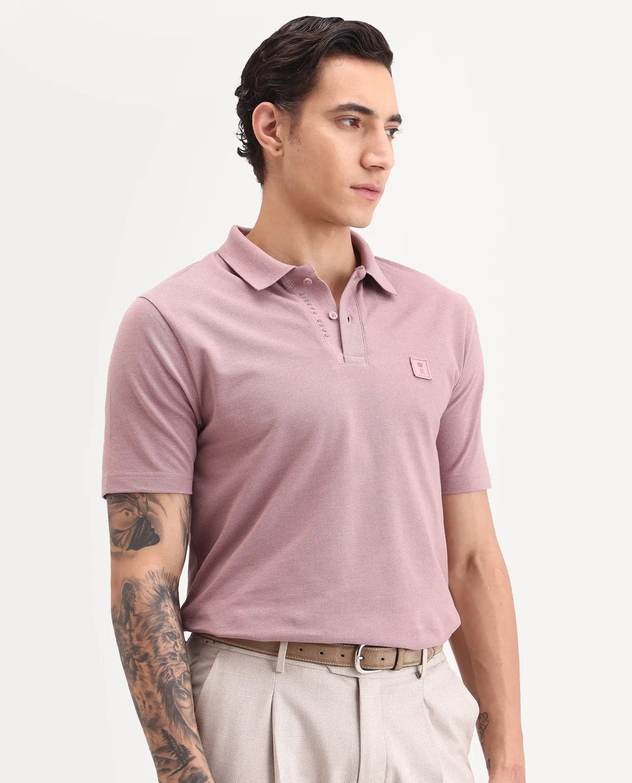 Rare Rabbit Men's Gamor Dusky Pink Cotton Blend Fabric Half Sleeve Spread Collar Regular Fit Plain Polo