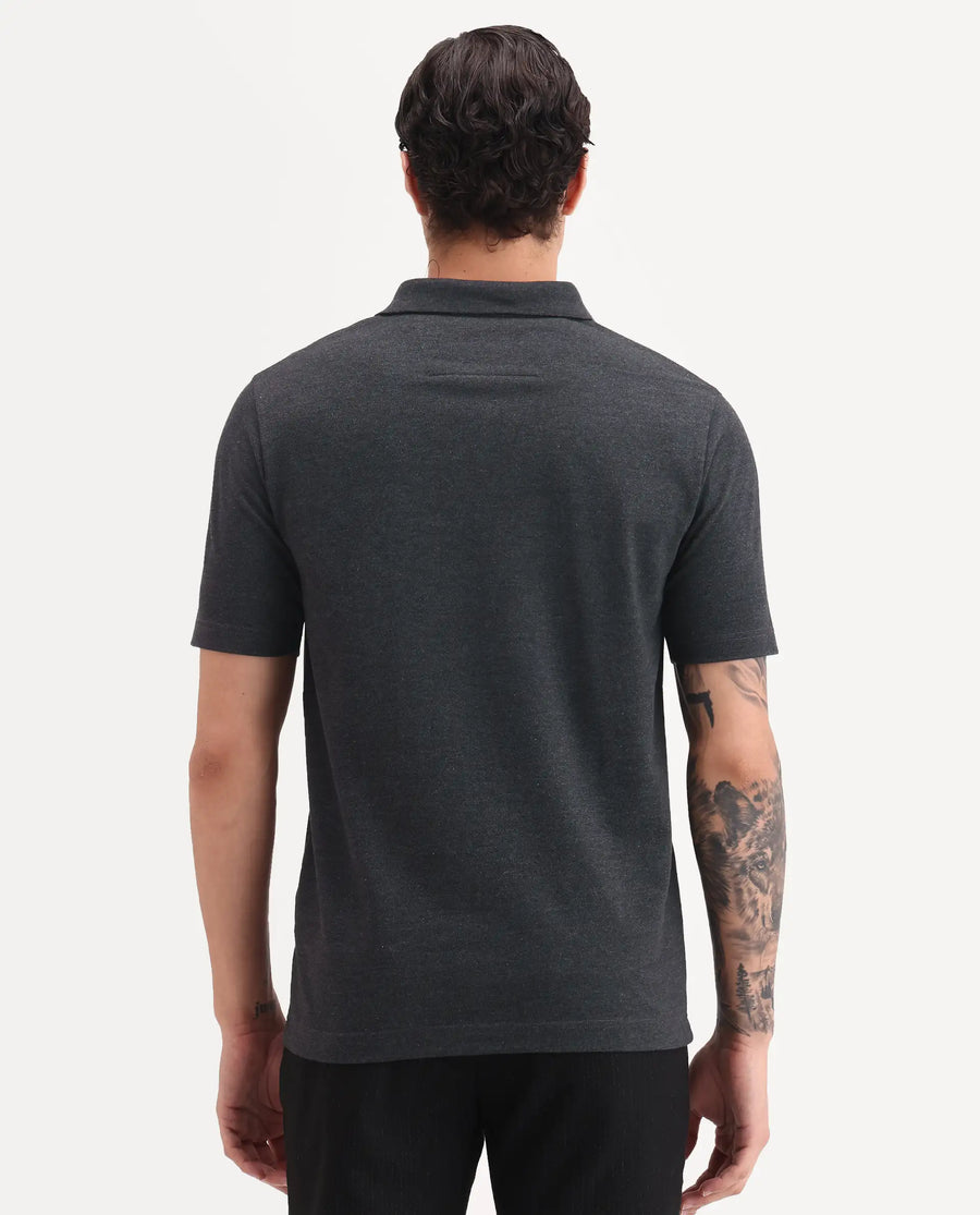 Rare Rabbit Men's Gamor Black Cotton Blend Fabric Half Sleeve Spread Collar Regular Fit Plain Polo