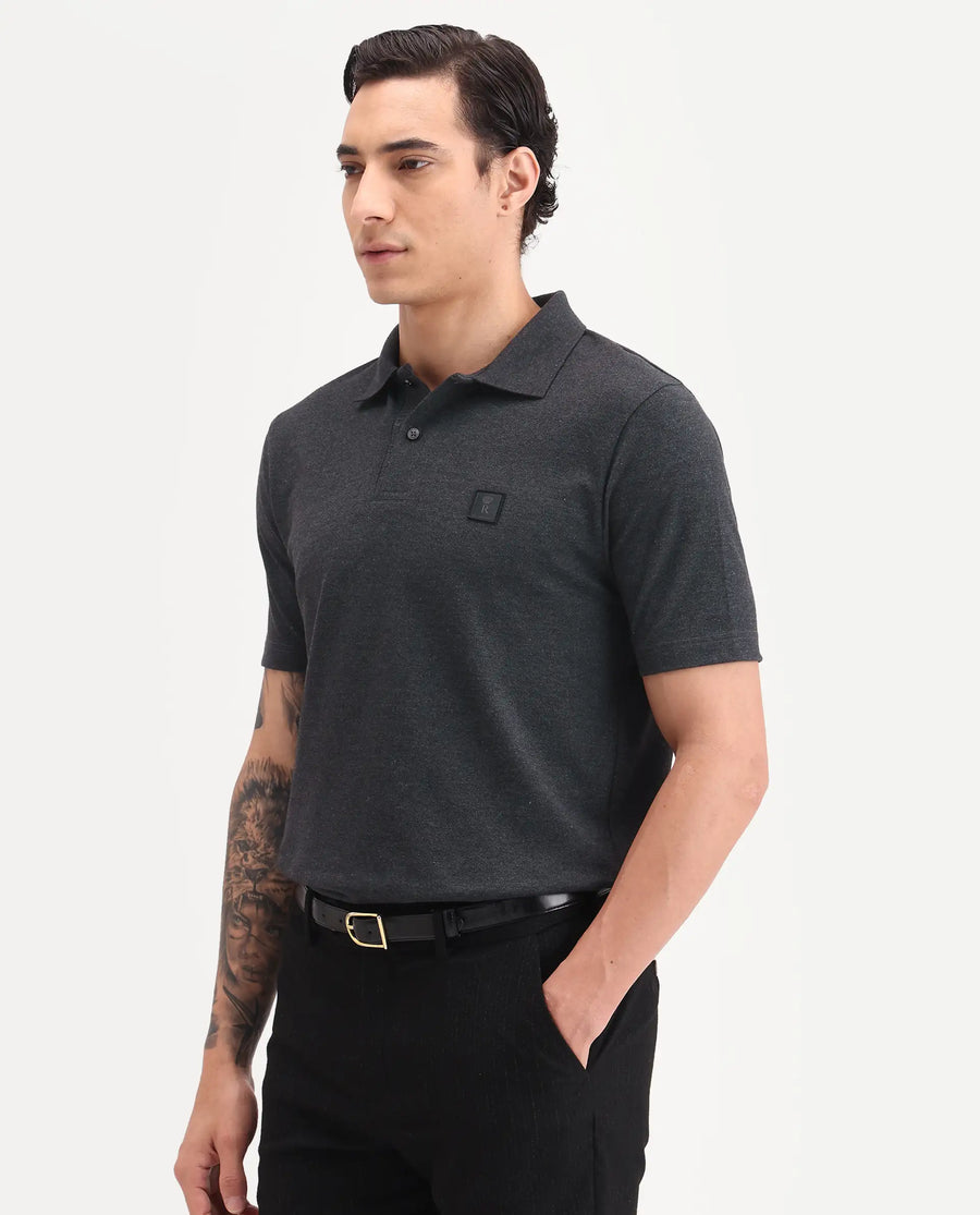Rare Rabbit Men's Gamor Black Cotton Blend Fabric Half Sleeve Spread Collar Regular Fit Plain Polo