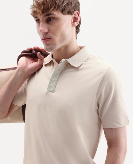 Rare Rabbit Men's Hin-S26 Off White Cotton Blend Fabric Half Sleeve Spread Collar Regular Fit Plain Polo