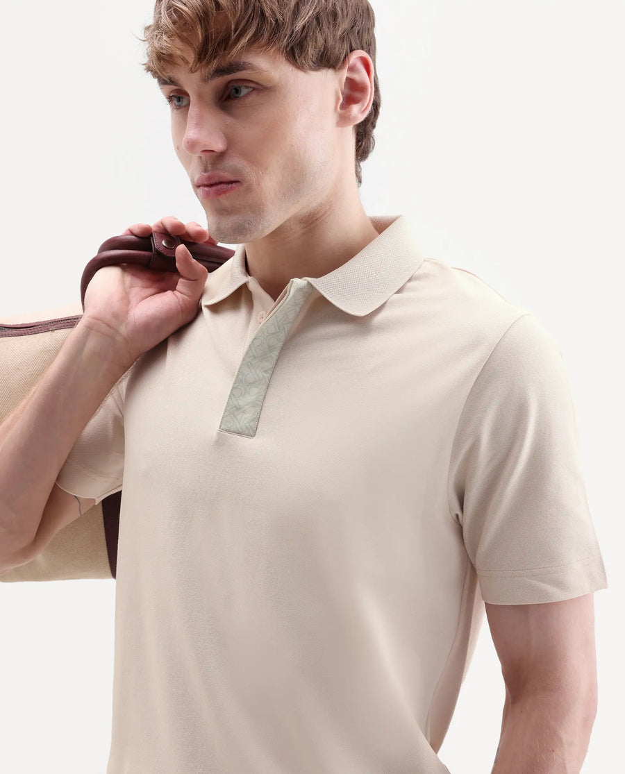 Rare Rabbit Men's Hin-S26 Off White Cotton Blend Fabric Half Sleeve Spread Collar Regular Fit Plain Polo