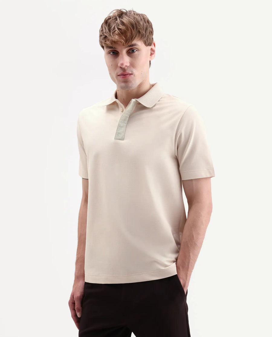 Rare Rabbit Men's Hin-S26 Off White Cotton Blend Fabric Half Sleeve Spread Collar Regular Fit Plain Polo