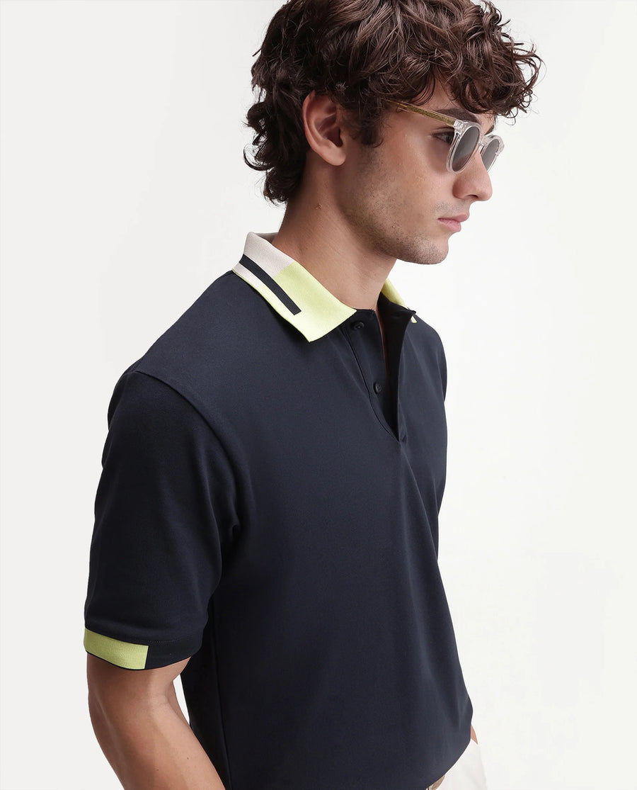 Rare Rabbit Men's Hub Navy Cotton Blend Fabric Half Sleeve Spread Collar Regular Fit Plain Polo