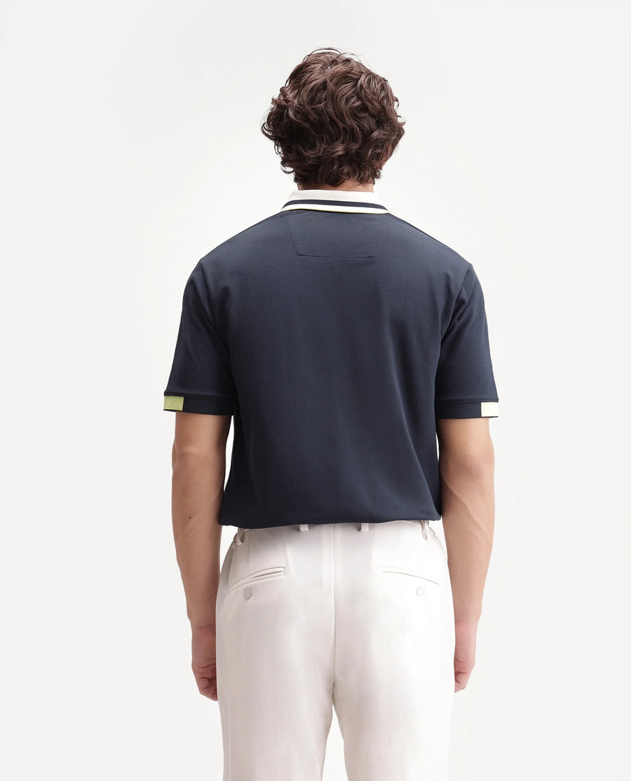 Rare Rabbit Men's Hub Navy Cotton Blend Fabric Half Sleeve Spread Collar Regular Fit Plain Polo