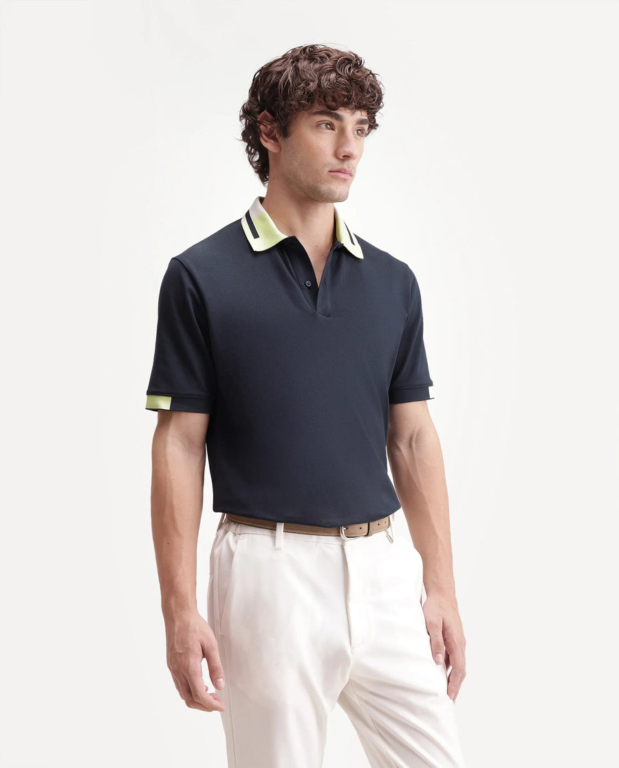 Rare Rabbit Men's Hub Navy Cotton Blend Fabric Half Sleeve Spread Collar Regular Fit Plain Polo