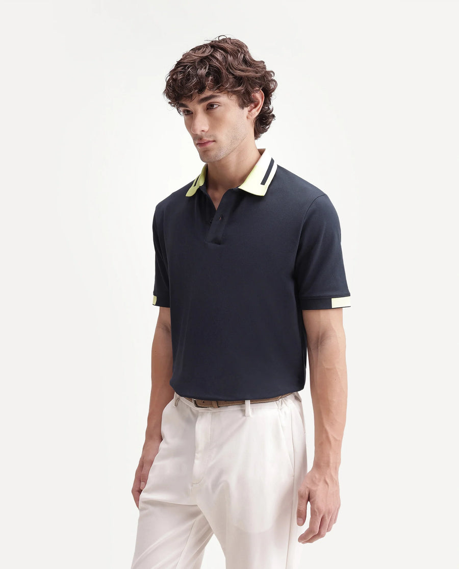 Rare Rabbit Men's Hub Navy Cotton Blend Fabric Half Sleeve Spread Collar Regular Fit Plain Polo