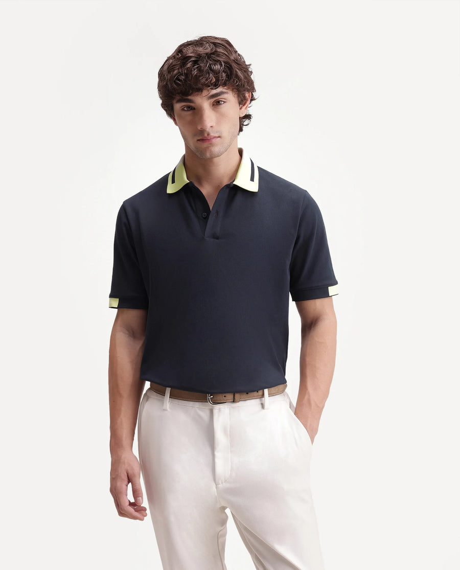 Rare Rabbit Men's Hub Navy Cotton Blend Fabric Half Sleeve Spread Collar Regular Fit Plain Polo