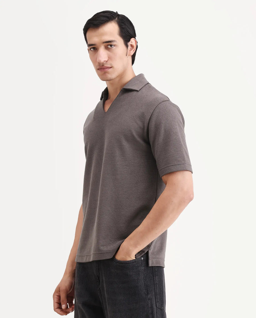 Rare Rabbit Men's Jawal-S26 Dusky Purple Cotton Blend Fabric Half Sleeve Jonny Collar Regular Fit Plain Polo