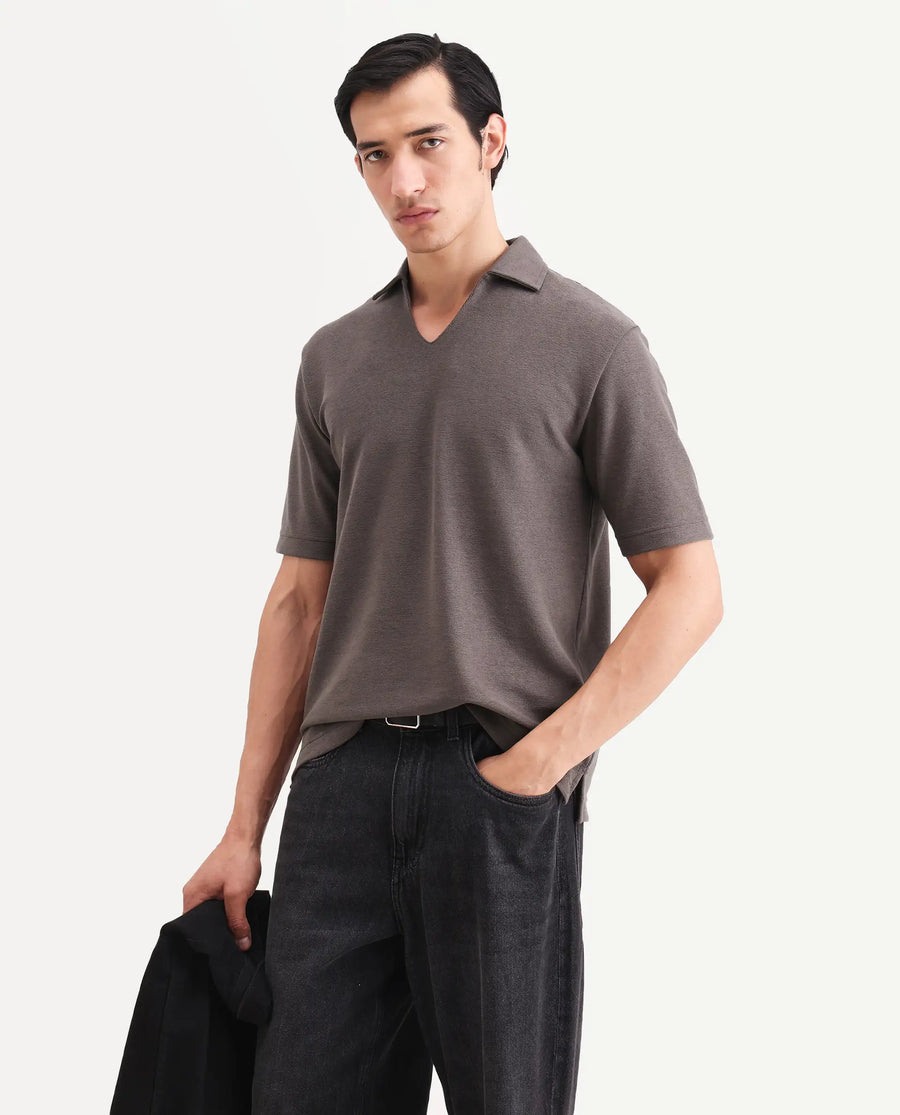 Rare Rabbit Men's Jawal-S26 Dusky Purple Cotton Blend Fabric Half Sleeve Jonny Collar Regular Fit Plain Polo