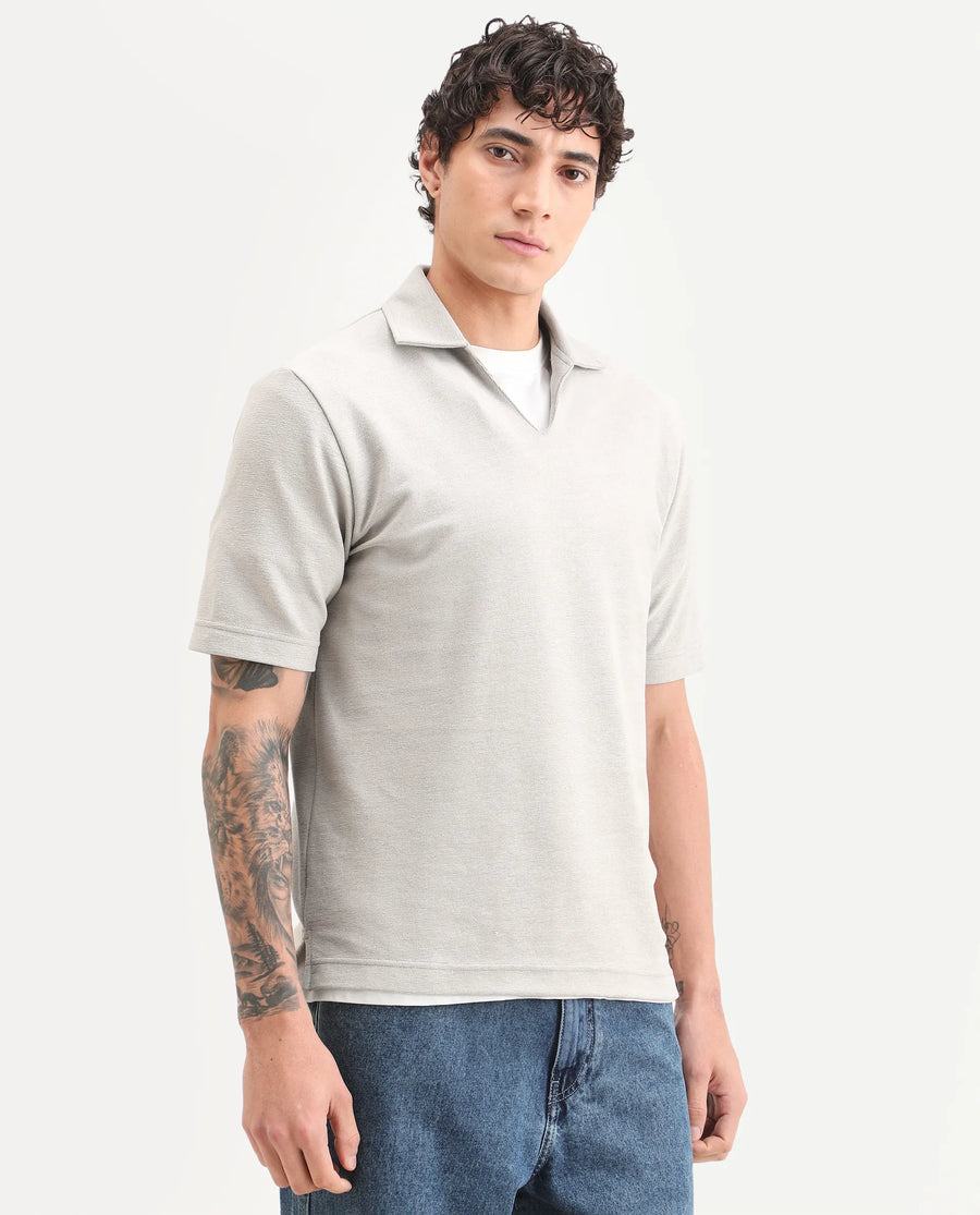 Rare Rabbit Men's Jawal-S26 Light Beige Cotton Blend Fabric Half Sleeve Jonny Collar Regular Fit Plain Polo