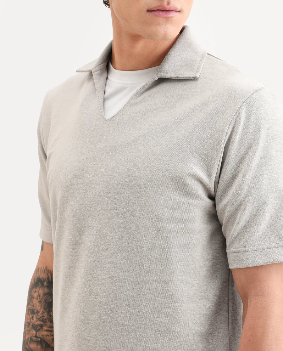 Rare Rabbit Men's Jawal-S26 Light Beige Cotton Blend Fabric Half Sleeve Jonny Collar Regular Fit Plain Polo