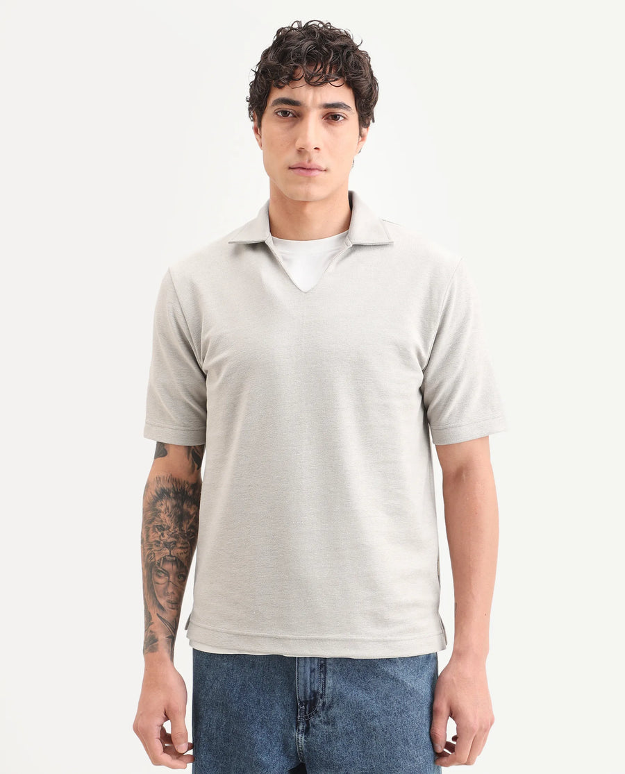Rare Rabbit Men's Jawal-S26 Light Beige Cotton Blend Fabric Half Sleeve Jonny Collar Regular Fit Plain Polo