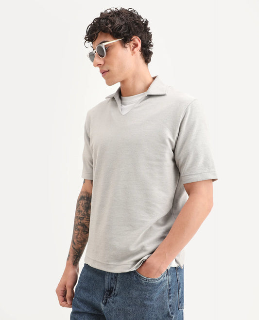 Rare Rabbit Men's Jawal-S26 Light Beige Cotton Blend Fabric Half Sleeve Jonny Collar Regular Fit Plain Polo