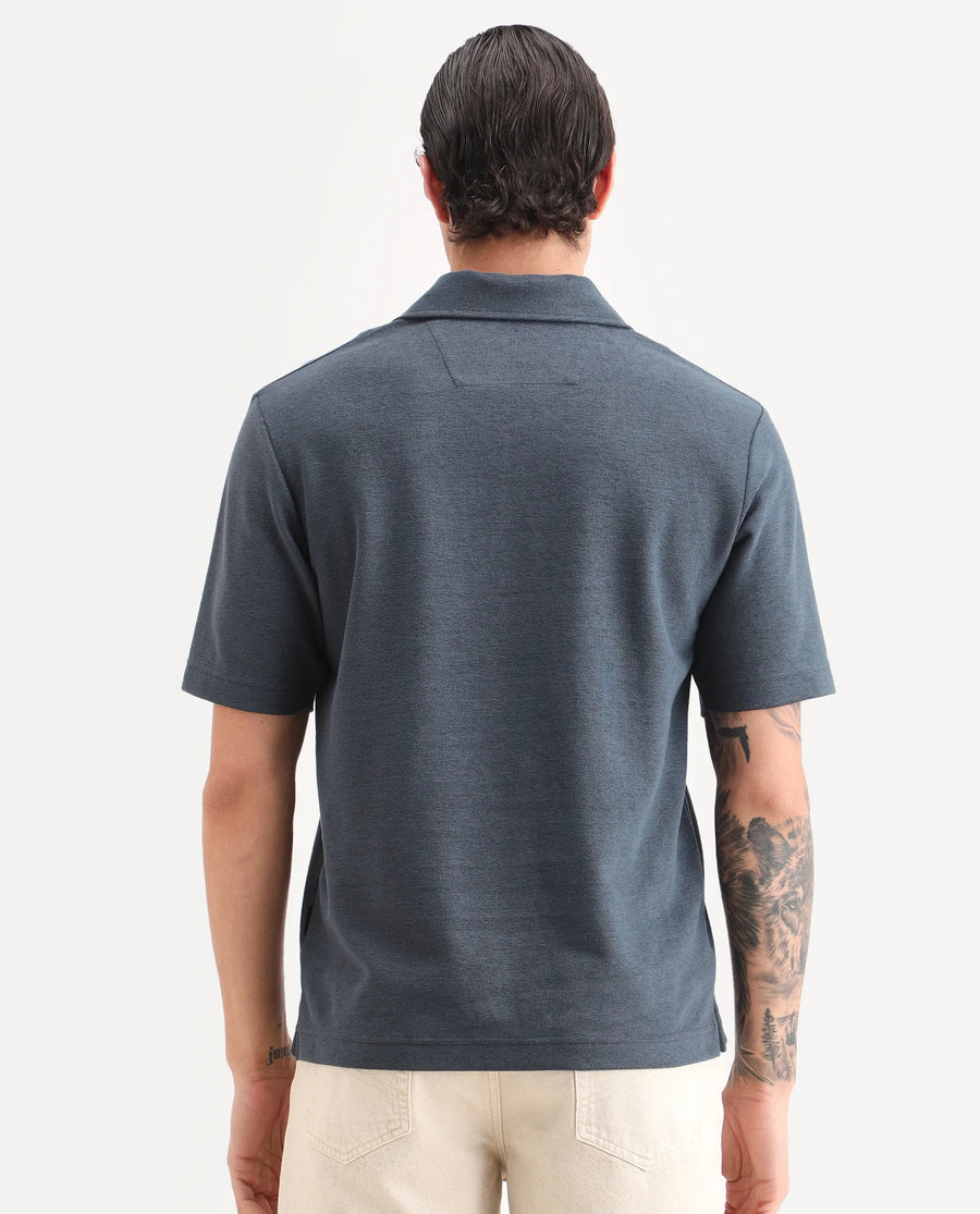 Rare Rabbit Men's Jawal-S26 Navy Cotton Blend Fabric Half Sleeve Jonny Collar Regular Fit Plain Polo