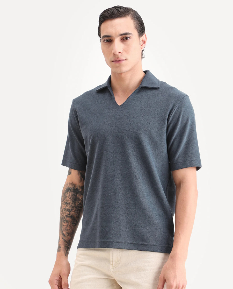 Rare Rabbit Men's Jawal-S26 Navy Cotton Blend Fabric Half Sleeve Jonny Collar Regular Fit Plain Polo