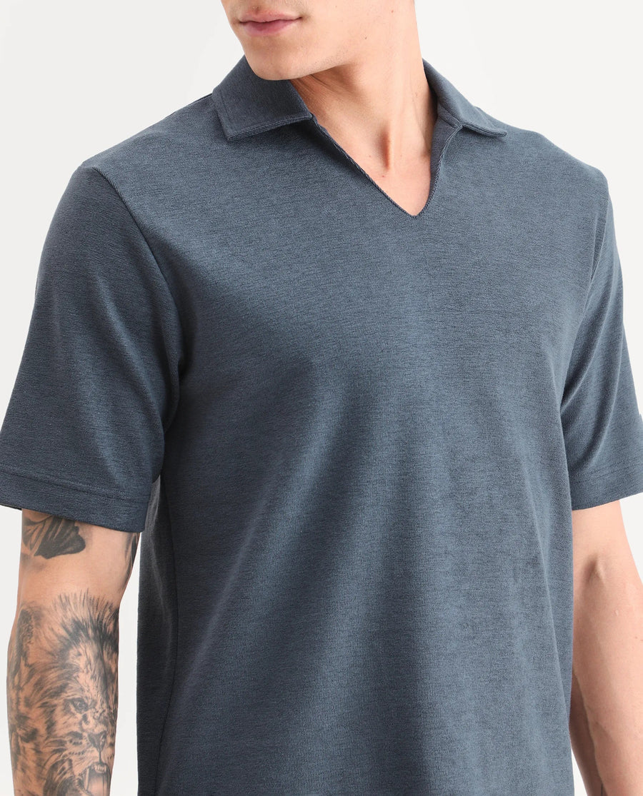 Rare Rabbit Men's Jawal-S26 Navy Cotton Blend Fabric Half Sleeve Jonny Collar Regular Fit Plain Polo