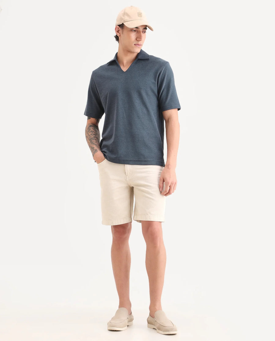 Rare Rabbit Men's Jawal-S26 Navy Cotton Blend Fabric Half Sleeve Jonny Collar Regular Fit Plain Polo