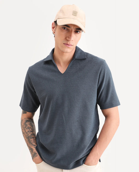 Rare Rabbit Men's Jawal-S26 Navy Cotton Blend Fabric Half Sleeve Jonny Collar Regular Fit Plain Polo