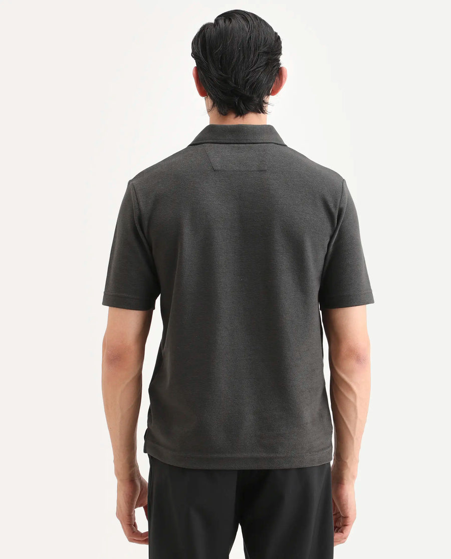 Rare Rabbit Men's Jawal-S26 Dark Grey Cotton Blend Fabric Half Sleeve Jonny Collar Regular Fit Plain Polo