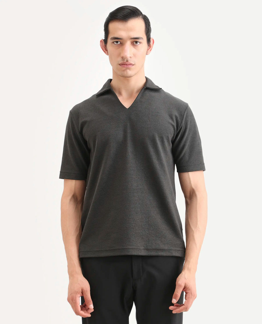 Rare Rabbit Men's Jawal-S26 Dark Grey Cotton Blend Fabric Half Sleeve Jonny Collar Regular Fit Plain Polo