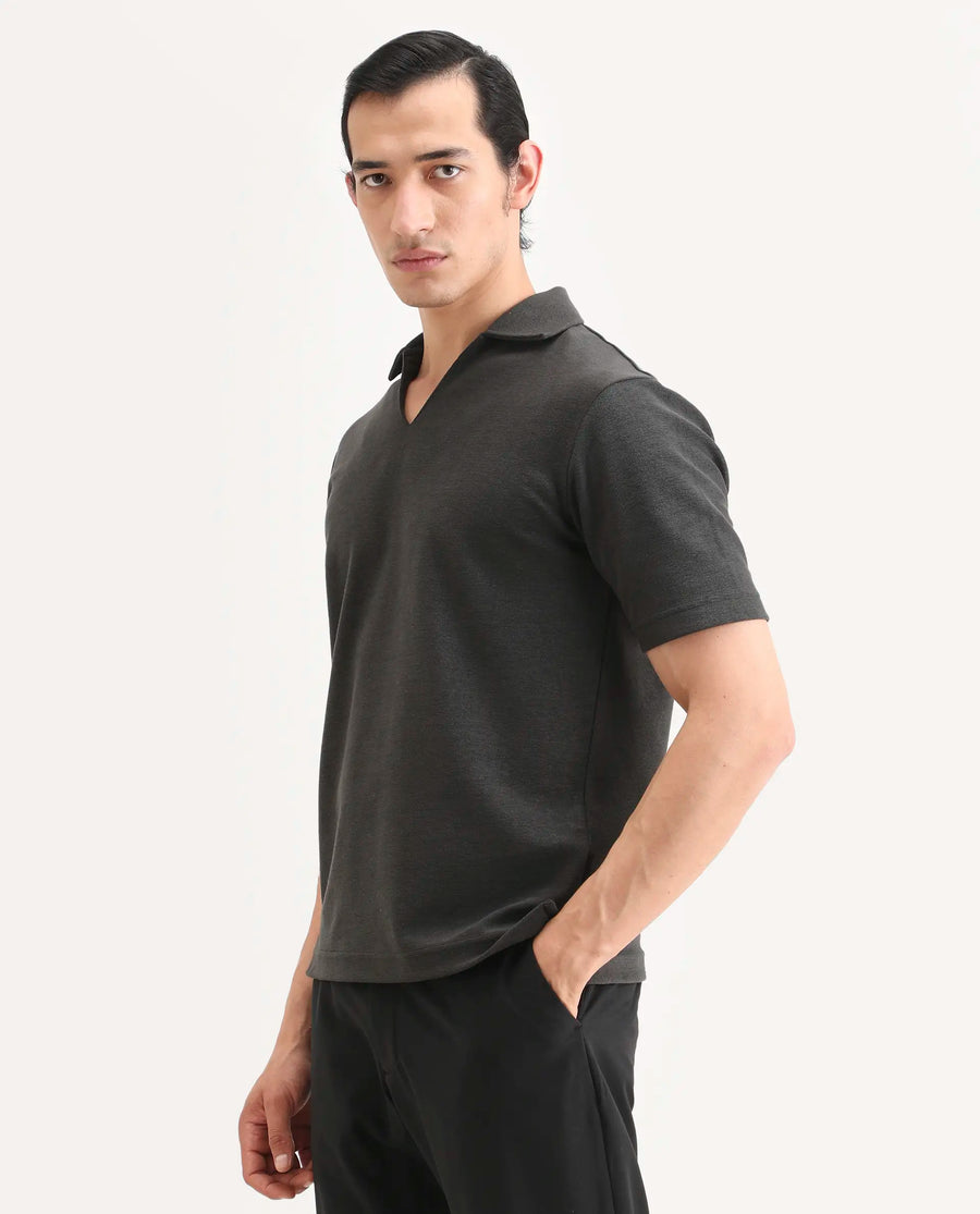 Rare Rabbit Men's Jawal-S26 Dark Grey Cotton Blend Fabric Half Sleeve Jonny Collar Regular Fit Plain Polo