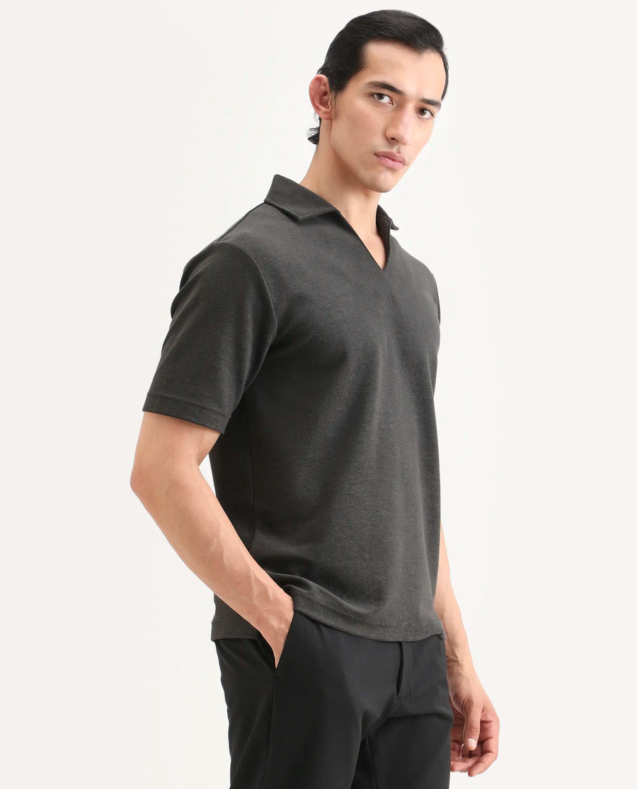 Rare Rabbit Men's Jawal-S26 Dark Grey Cotton Blend Fabric Half Sleeve Jonny Collar Regular Fit Plain Polo