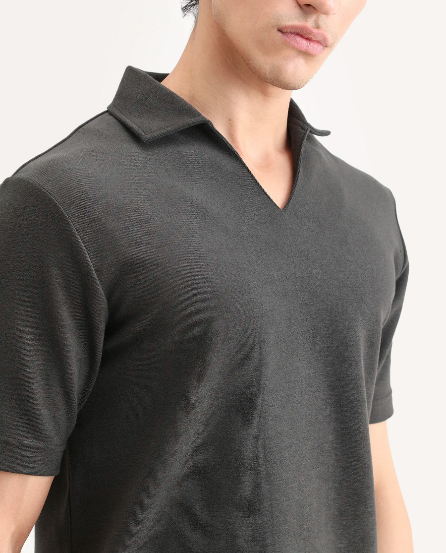 Rare Rabbit Men's Jawal-S26 Dark Grey Cotton Blend Fabric Half Sleeve Jonny Collar Regular Fit Plain Polo