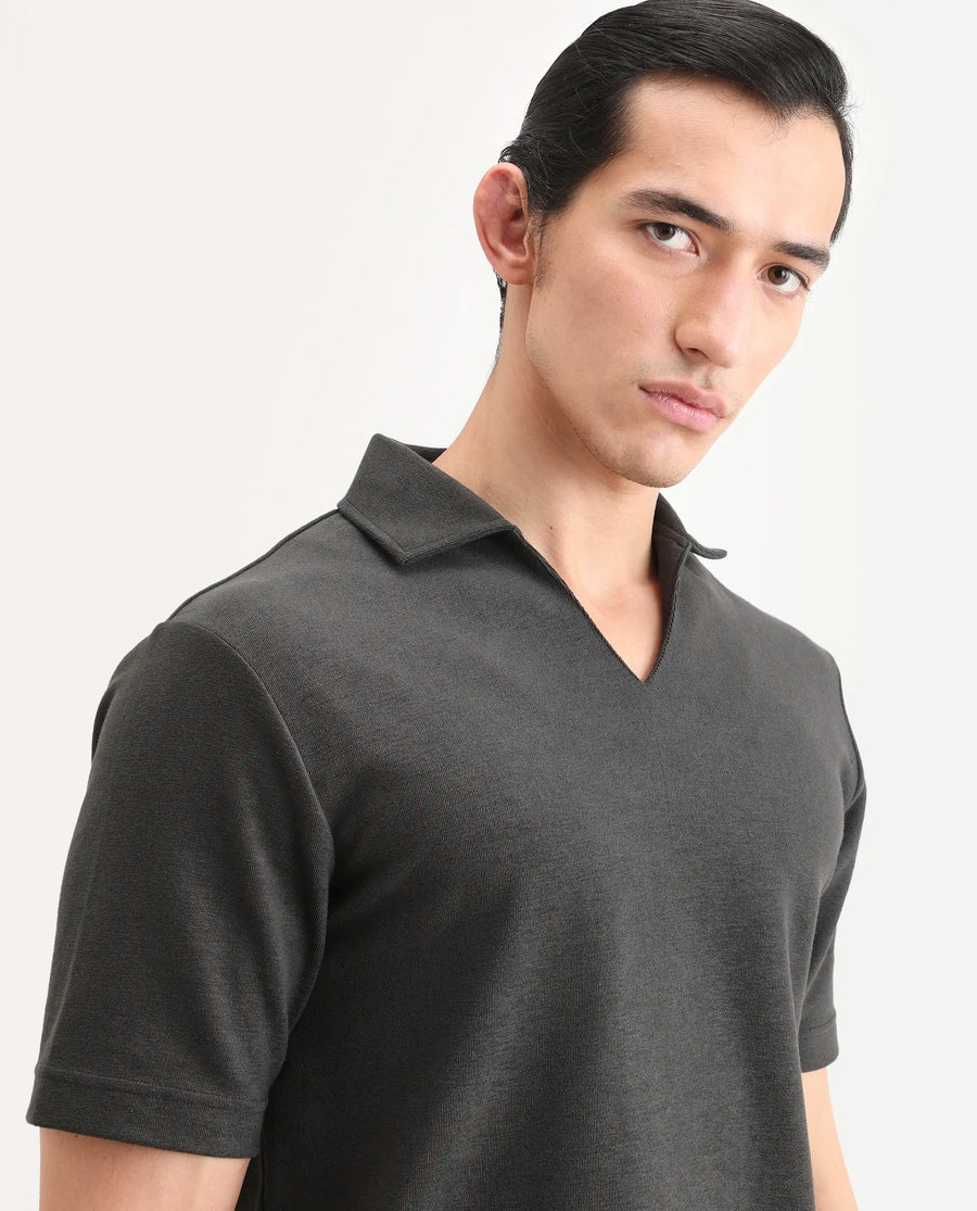 Rare Rabbit Men's Jawal-S26 Dark Grey Cotton Blend Fabric Half Sleeve Jonny Collar Regular Fit Plain Polo