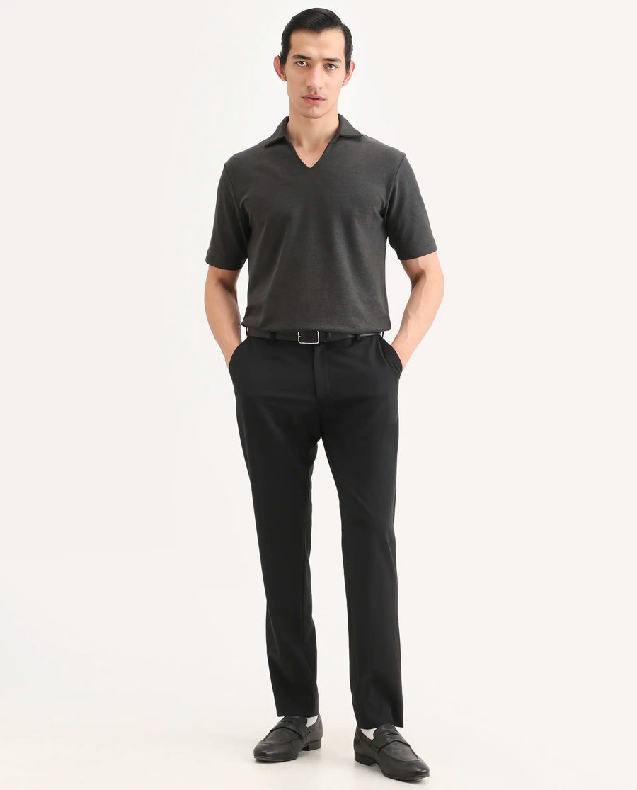 Rare Rabbit Men's Jawal-S26 Dark Grey Cotton Blend Fabric Half Sleeve Jonny Collar Regular Fit Plain Polo