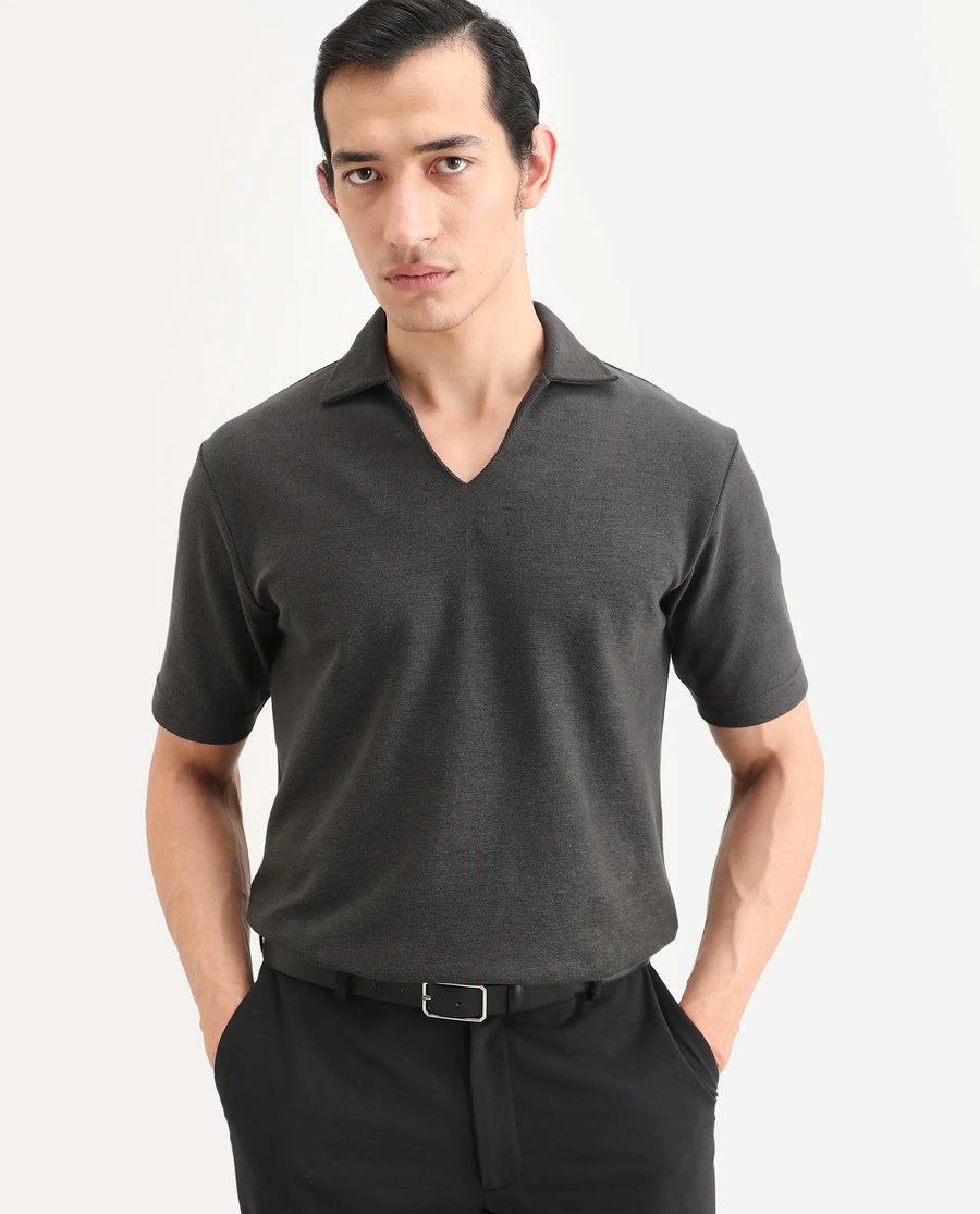 Rare Rabbit Men's Jawal-S26 Dark Grey Cotton Blend Fabric Half Sleeve Jonny Collar Regular Fit Plain Polo