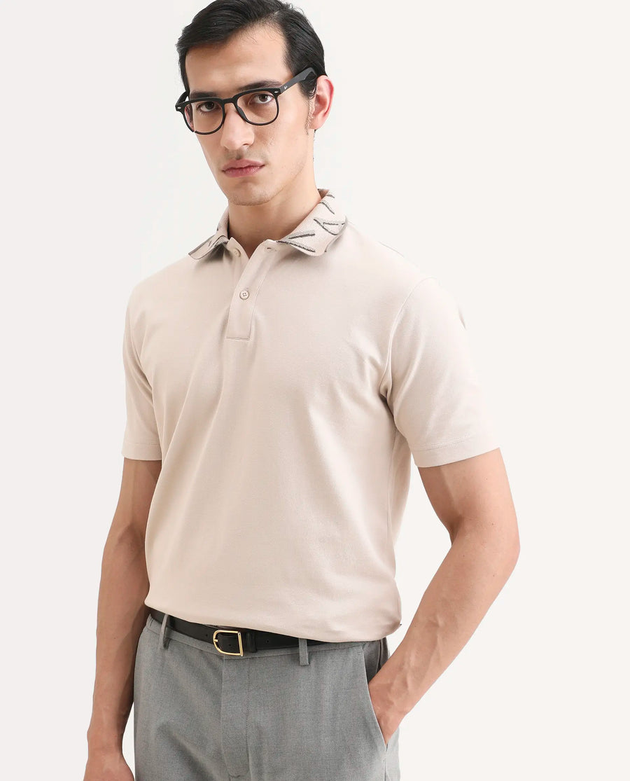 Rare Rabbit Men's Juke Dusky Beige Cotton Blend Fabric Half Sleeve Spread Collar Regular Fit Plain Polo