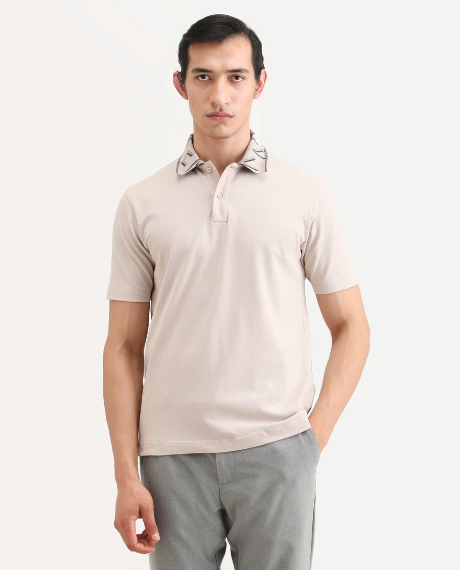 Rare Rabbit Men's Juke Dusky Beige Cotton Blend Fabric Half Sleeve Spread Collar Regular Fit Plain Polo