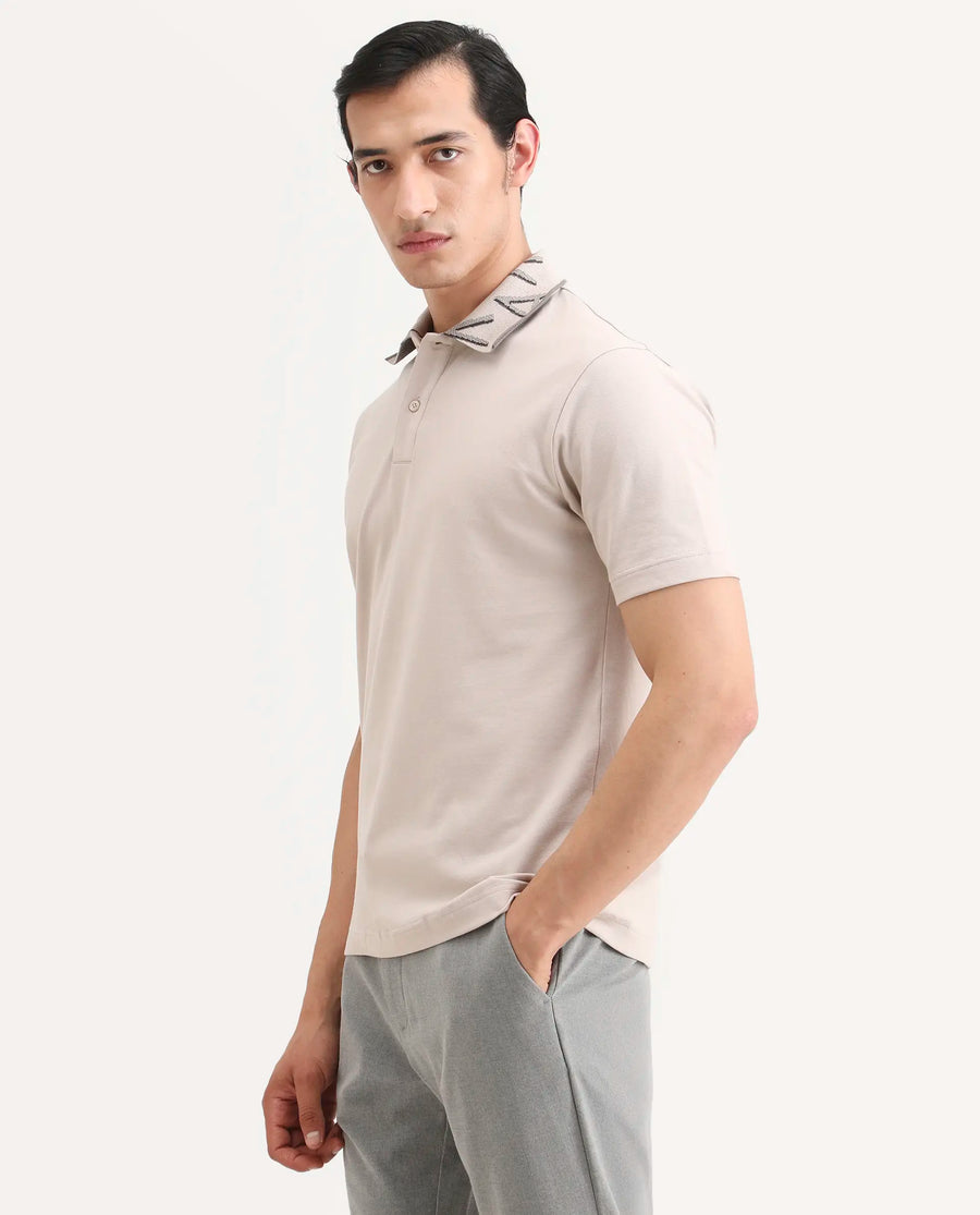 Rare Rabbit Men's Juke Dusky Beige Cotton Blend Fabric Half Sleeve Spread Collar Regular Fit Plain Polo