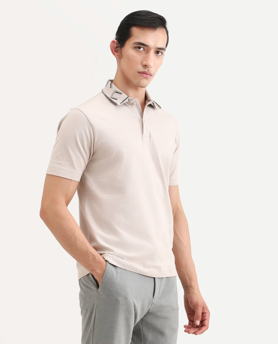 Rare Rabbit Men's Juke Dusky Beige Cotton Blend Fabric Half Sleeve Spread Collar Regular Fit Plain Polo