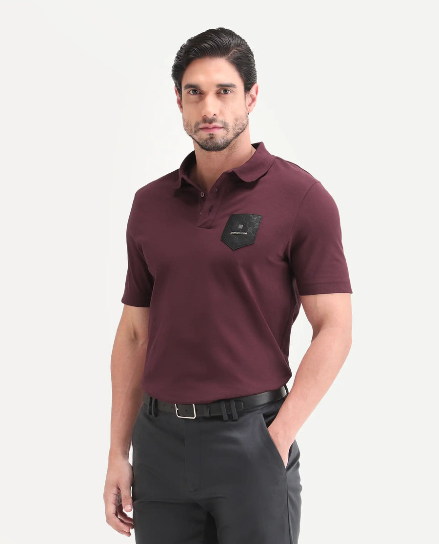 Rare Rabbit Men's Lorn-S26 Dark Red Cotton Blend Fabric Half Sleeve Spread Collar Regular Fit Monogram Print Polo