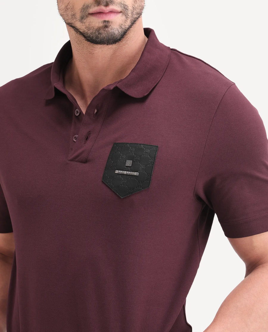 Rare Rabbit Men's Lorn-S26 Dark Red Cotton Blend Fabric Half Sleeve Spread Collar Regular Fit Monogram Print Polo