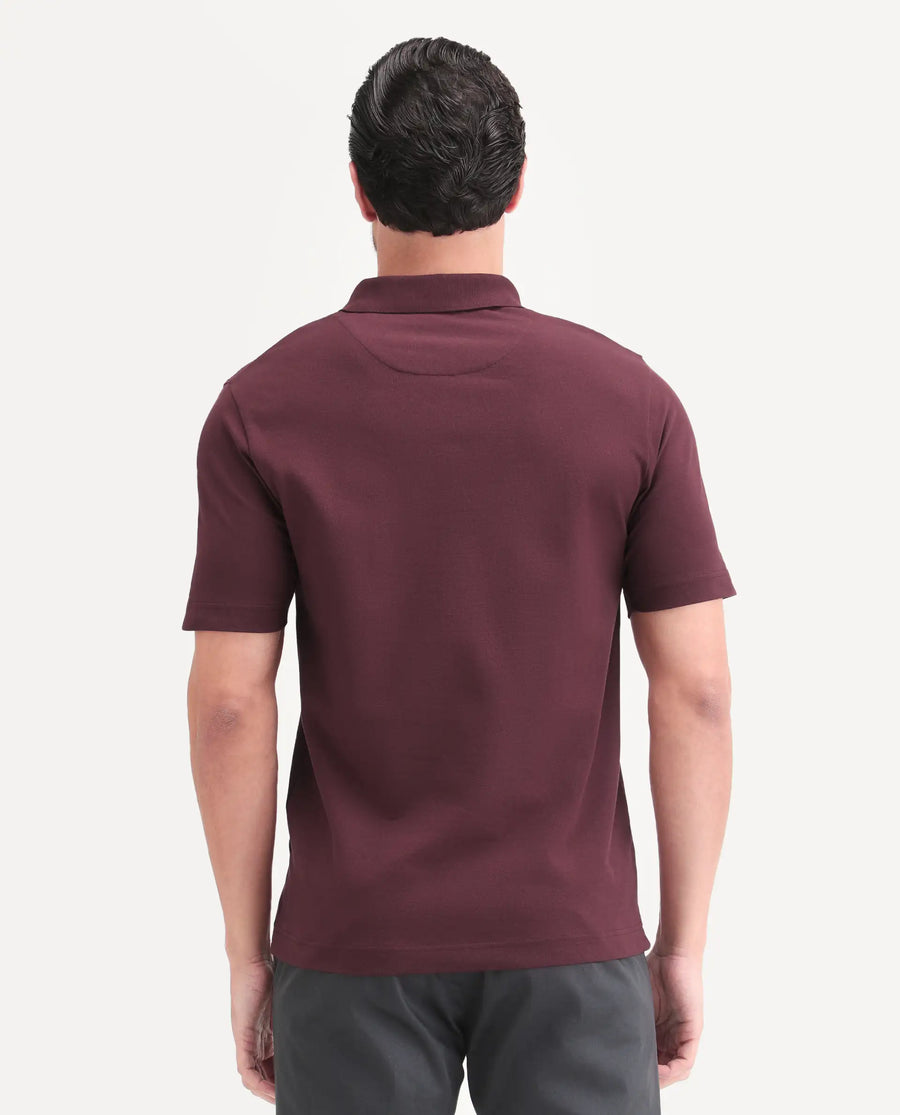 Rare Rabbit Men's Lorn-S26 Dark Red Cotton Blend Fabric Half Sleeve Spread Collar Regular Fit Monogram Print Polo