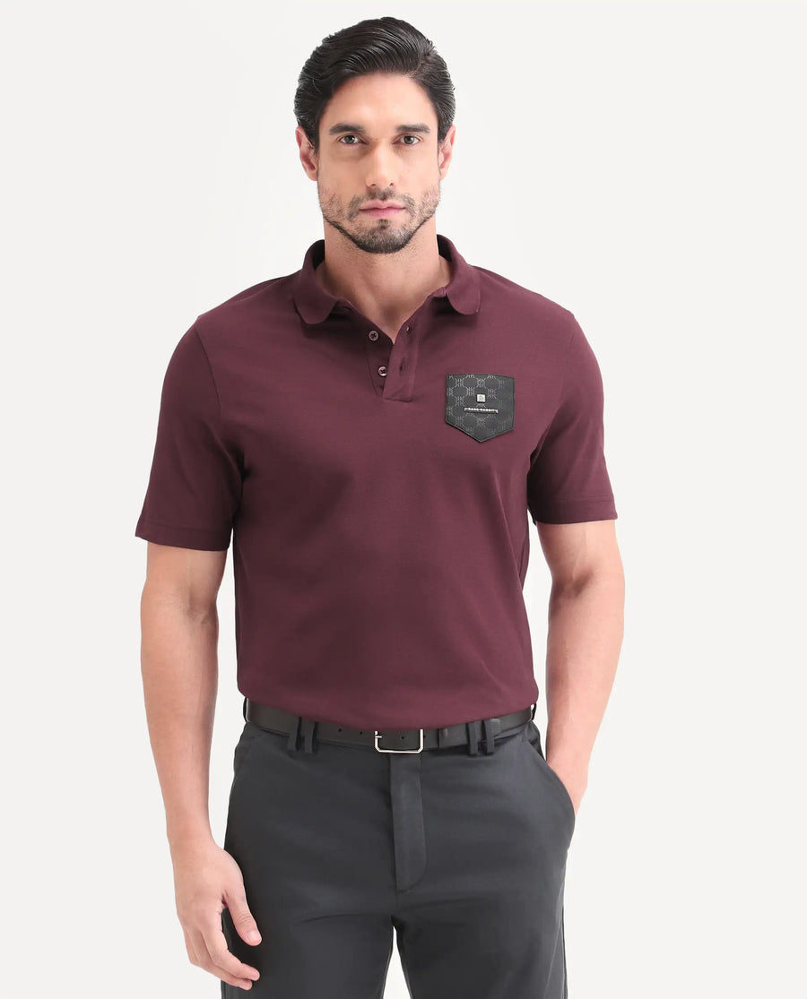 Rare Rabbit Men's Lorn-S26 Dark Red Cotton Blend Fabric Half Sleeve Spread Collar Regular Fit Monogram Print Polo