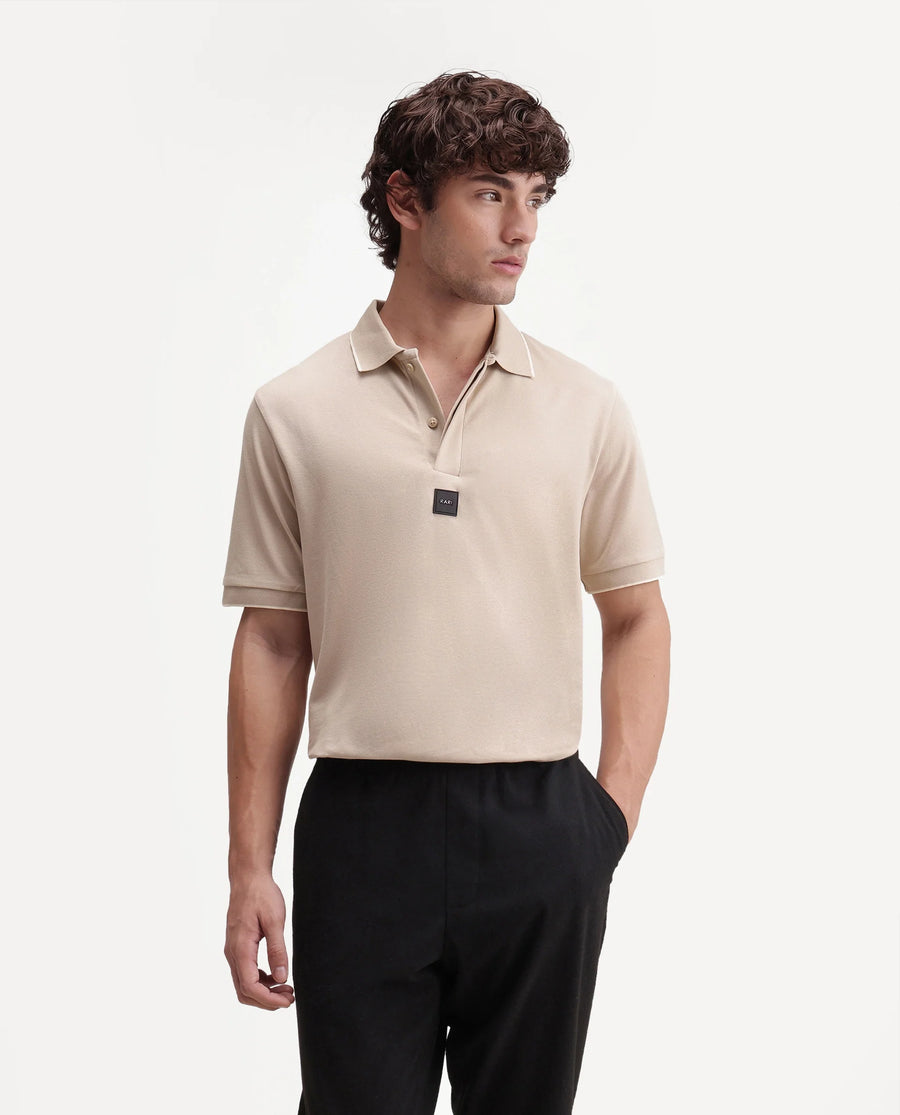 Rare Rabbit Men's Mak Beige Cotton Blend Fabric Half Sleeve Spread Collar Regular Fit Plain Polo