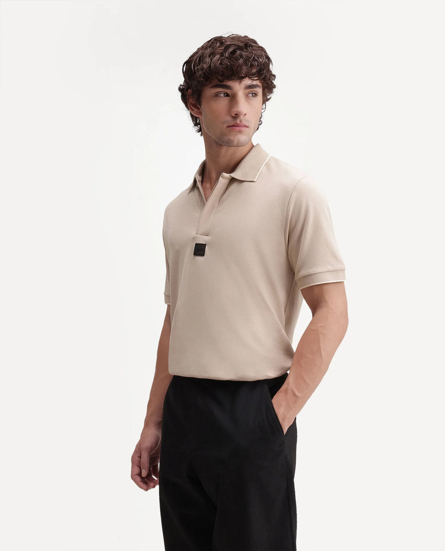 Rare Rabbit Men's Mak Beige Cotton Blend Fabric Half Sleeve Spread Collar Regular Fit Plain Polo