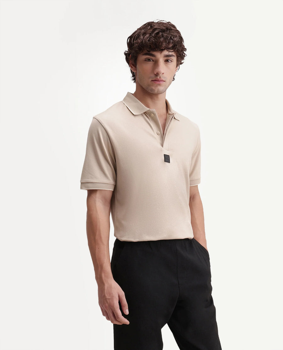 Rare Rabbit Men's Mak Beige Cotton Blend Fabric Half Sleeve Spread Collar Regular Fit Plain Polo