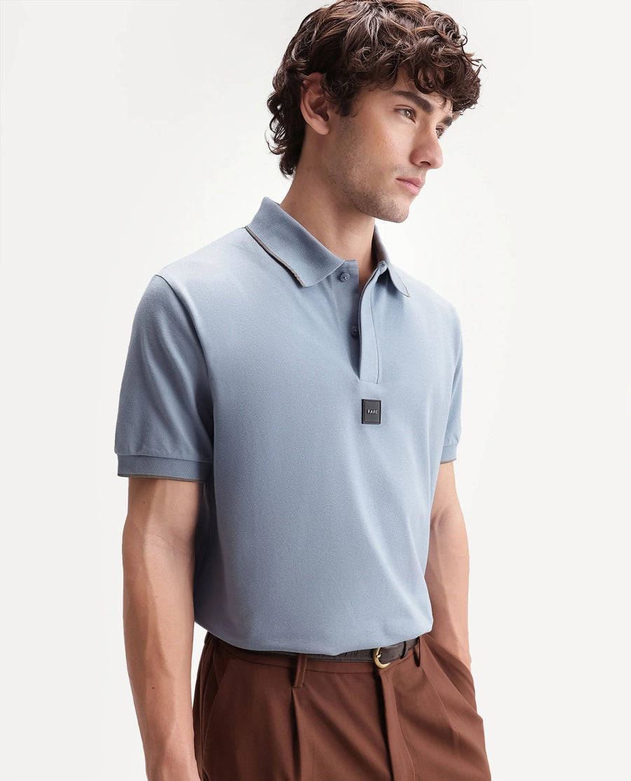 Rare Rabbit Men's Mak Dusky Blue Cotton Blend Fabric Half Sleeve Spread Collar Regular Fit Plain Polo