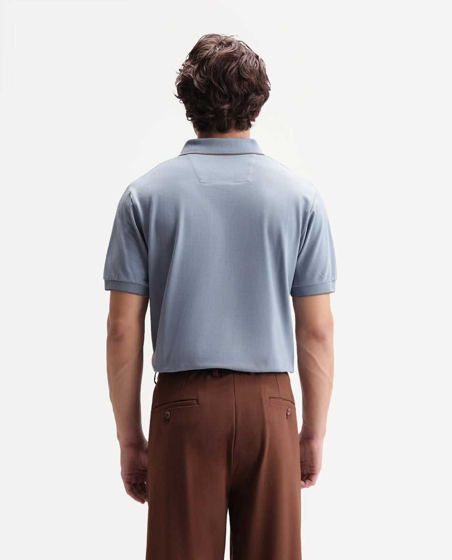 Rare Rabbit Men's Mak Dusky Blue Cotton Blend Fabric Half Sleeve Spread Collar Regular Fit Plain Polo