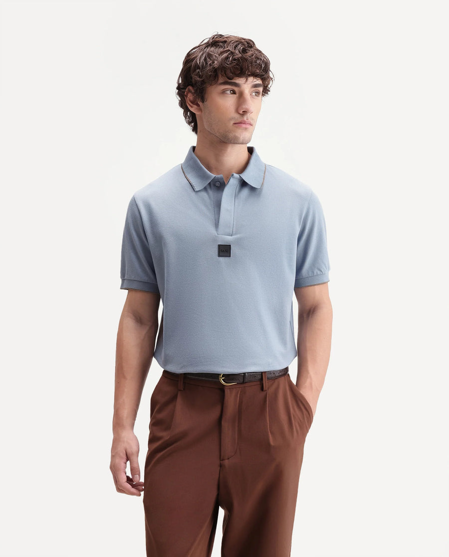 Rare Rabbit Men's Mak Dusky Blue Cotton Blend Fabric Half Sleeve Spread Collar Regular Fit Plain Polo