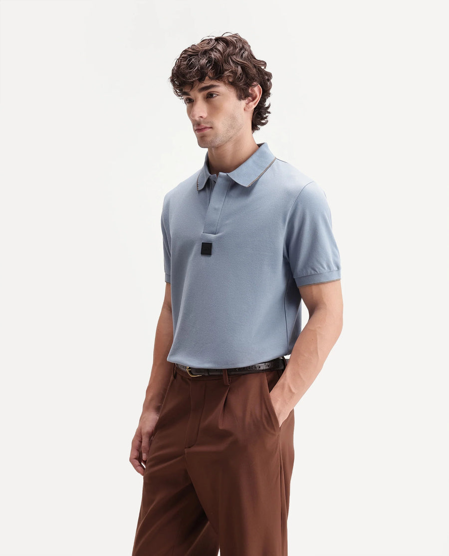 Rare Rabbit Men's Mak Dusky Blue Cotton Blend Fabric Half Sleeve Spread Collar Regular Fit Plain Polo