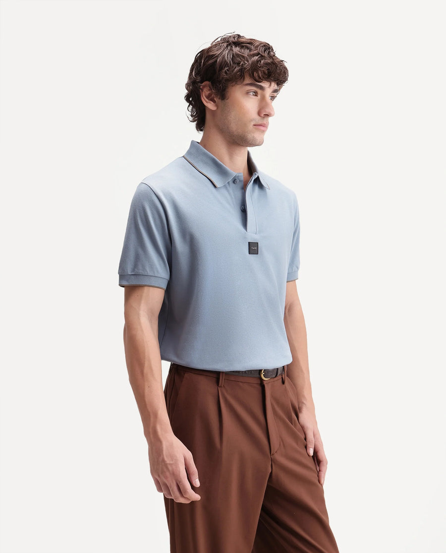 Rare Rabbit Men's Mak Dusky Blue Cotton Blend Fabric Half Sleeve Spread Collar Regular Fit Plain Polo