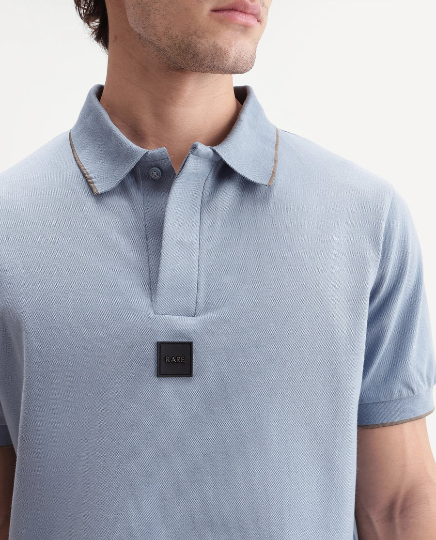 Rare Rabbit Men's Mak Dusky Blue Cotton Blend Fabric Half Sleeve Spread Collar Regular Fit Plain Polo