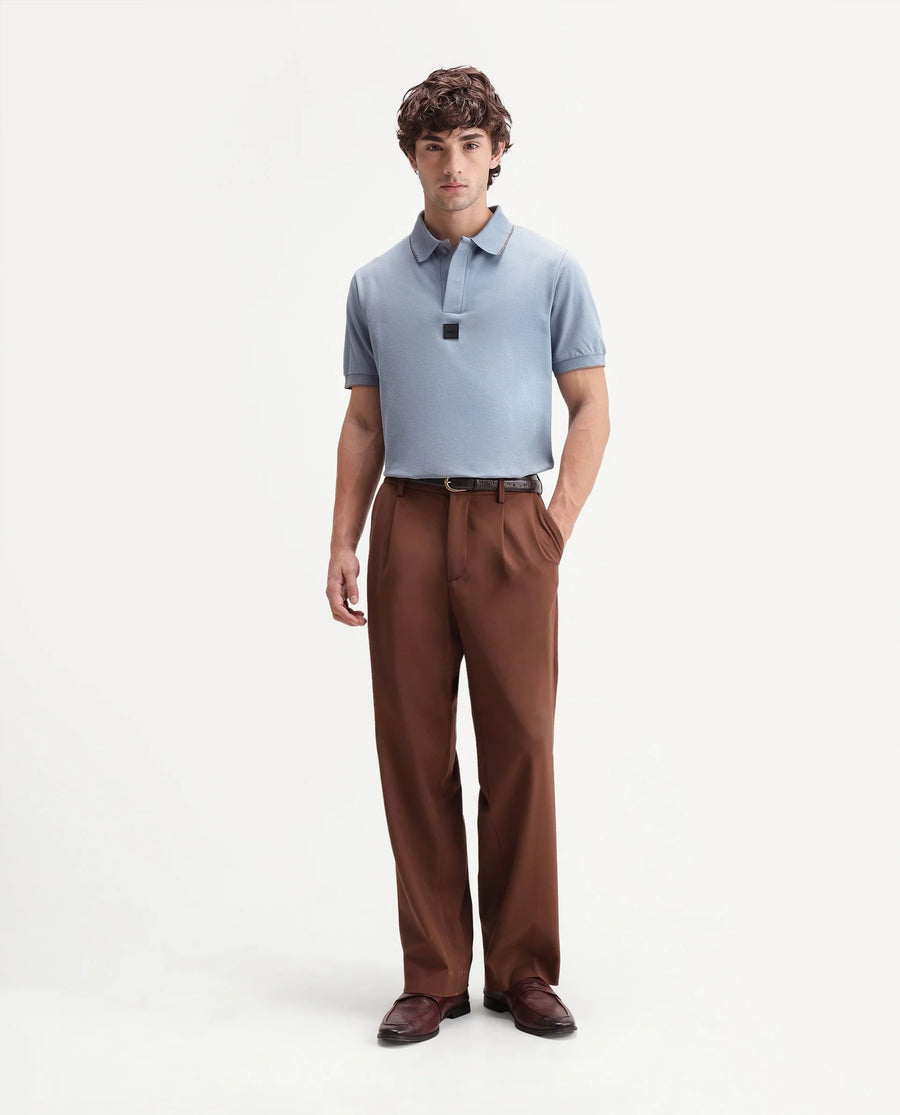 Rare Rabbit Men's Mak Dusky Blue Cotton Blend Fabric Half Sleeve Spread Collar Regular Fit Plain Polo